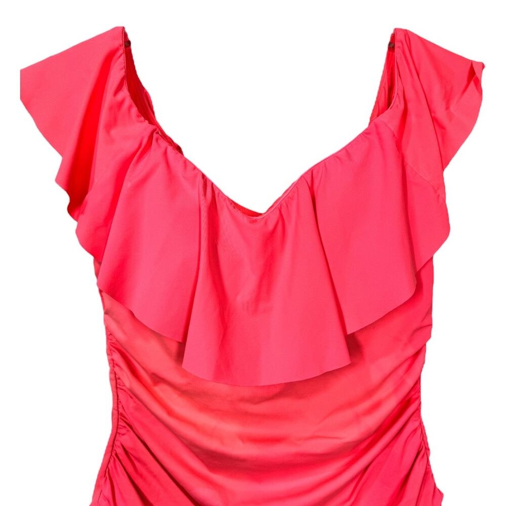 La Blanca Island Goddess Off Shoulder Ruffle One Piece Swimsuit 14 Hot Coral - Picture 5 of 9